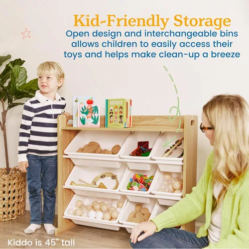 Miniatura 5 de ECR4Kids Organizador de 3 niveles con estante y 9 contenedores, almacenamiento para juguetes, natural oscuro/blanco