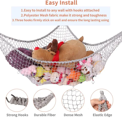 Miniatura 2 de Hamaca de animales de peluche, red de almacenamiento de hamaca de juguete, soporte de red de malla para juguetes LXUNYI para esquina de pared