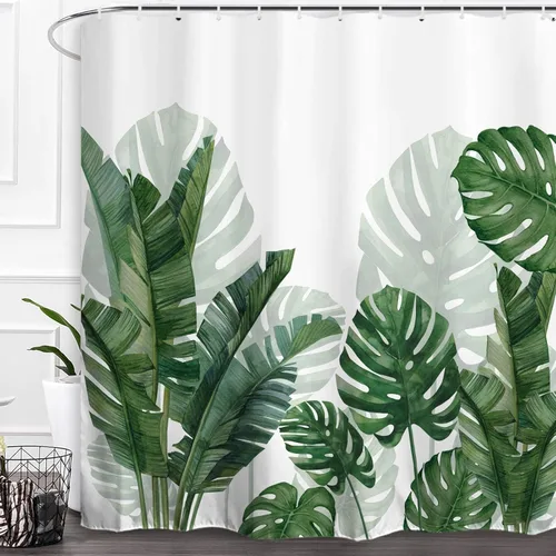 Miniatura 12 de Baccessor Cortina de ducha de lino con hojas verdes tropicales, cortinas de ducha botánicas de plátano, hoja de Monstera, palmera, repelente al Hoja