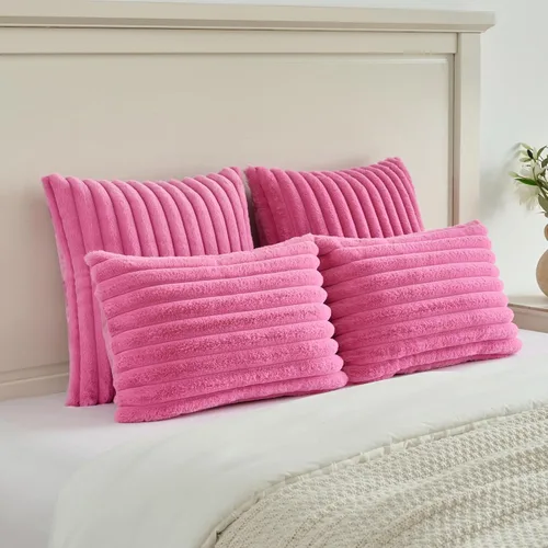 Miniatura 5 de FUTEI - Juego de 2 fundas de almohada decorativas con rayas, cuadradas, para invierno, piel sintética de conejo suave y acogedora y respaldo de Rosa