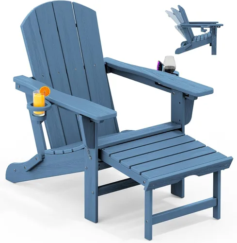 Miniatura 39 de KINGYES Silla Adirondack plegable ajustable con otomana retráctil, silla reclinable Adirondack de polietileno de alta densidad con soporte