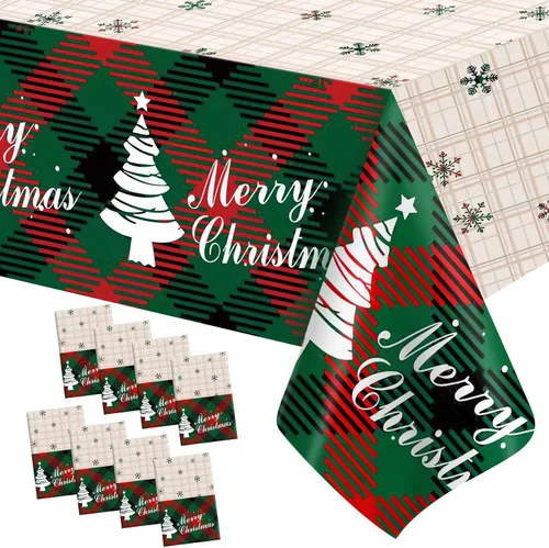 Miniatura 14 de Mantel de Navidad, 2 piezas de mantel de Navidad desechable para mesa rectangular, 54" x 108" de plástico con diseño de copo de nieve, árbol