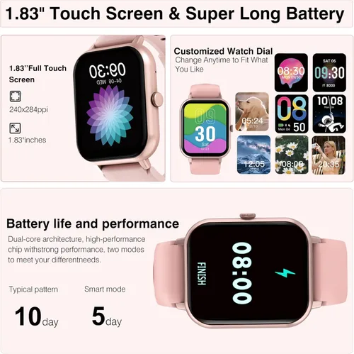 Miniatura 6 de Reloj inteligente para hombres y mujeres, compatible con teléfono Android iOS, pantalla táctil completa de 1.83 pulgadas, IP68, impermeable