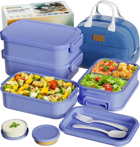 Miniatura 8 de Caja Bento para Adultos con Bolsa de Almuerzo Aislada, Capacidad de 74 oz, 3 Cajas Bento Apilables a Prueba de Fugas con Utensilio y Salsa