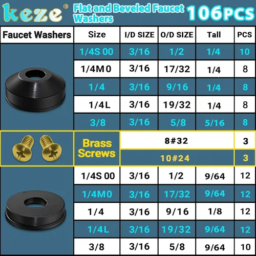 Miniatura 2 de KEZE Kit Surtido de 96 Piezas de Arandelas para Grifos de 10 Tamaños con Tornillos Bibb de Latón, Surtido de Arandelas de Goma Planas y Biseladas