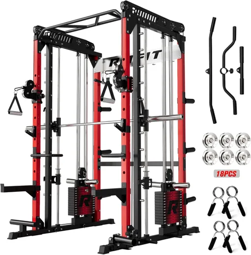 Miniatura 19 de RitFit Máquina M1 Pro Smith con sistema de cruce de cables, jaula multifunción para sentadillas para gimnasio en casa, rack de energía y paquetes