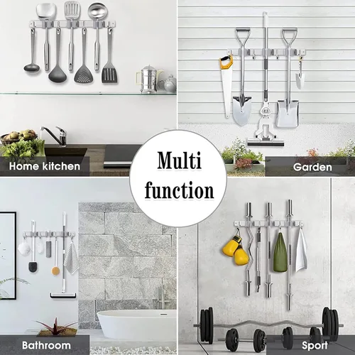 Miniatura 6 de Soporte para trapeador de escoba de montaje en pared, organizador de metal para almacenamiento de garaje, jardín, cocina, herramientas con 4 Plata