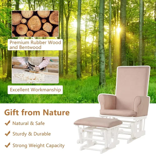 Miniatura 6 de Costzon Juego de mecedora y otomana, muebles de madera para bebé, para siesta y lectura, enfermería, silla mecedora cómoda tapizada limpiable