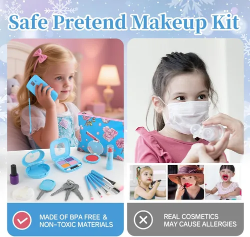 Miniatura 7 de Woumserta Kit de maquillaje de simulación para niños de 3 a 5 años, juego de maquillaje falso azul o beige para niñas pequeñas, regalos