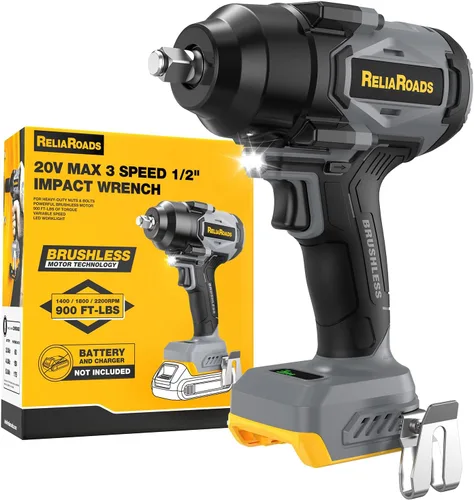 ReliaRoads Llave de impacto inalámbrica de 900 pies-libras, pistola de impacto de 1/2 pulgada compatible con batería DeWALT 20V MAX, destornillador