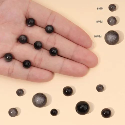 Miniatura 4 de 60 cuentas de piedra natural de 15⁄64 pulgadas (6 mm) con cuentas de obsidiana plateada que es una piedra para sanación de la energía. Cuentas Plata