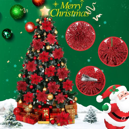 Miniatura 6 de RECUTMS 66 piezas 3 estilos de adornos rojos de Navidad, flores de Pascua brillantes de Poinsettia artificiales, adornos de árbol de Navidad, flores