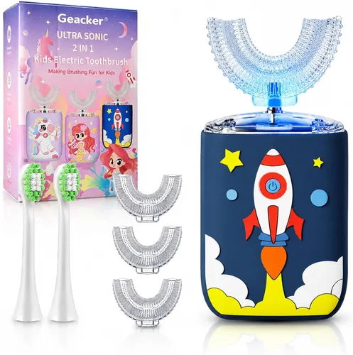 Cepillo de dientes eléctrico en forma de U para niños, cepillo ultrasónico automático con 5 cabezales de cepillo, 6 modos de limpieza, impermeable