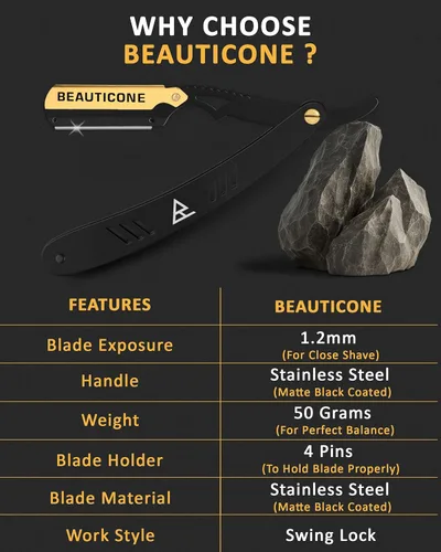 Miniatura 2 de BEAUTICONE Maquinillas de afeitar rectas para hombres, maquinilla de afeitar de borde recto, 100 cuchillas de un solo filo, acero inoxidable, Negro