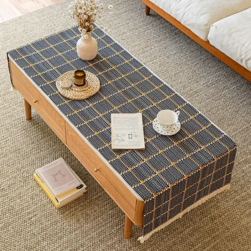 Camino de mesa auxiliar de algodón pesado, funda rectangular grande con ribete de encaje, mantel central tejido a mano para sala de estar y
