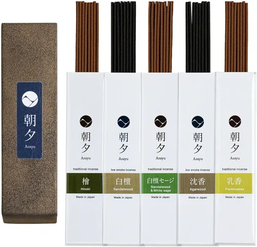 Asayu Japan Variedad de varillas de incienso - 5 fragancias naturales, 20g, 100% hechas en Japón Paquete de muestra de incienso - para yoga,
