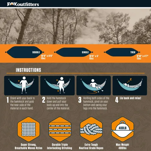Miniatura 6 de Fox Outfitters Neolite - Hamaca individual para campamento, ligera, portátil, de nailon, para mochileros, viajes, playa, patio, correas de hamaca