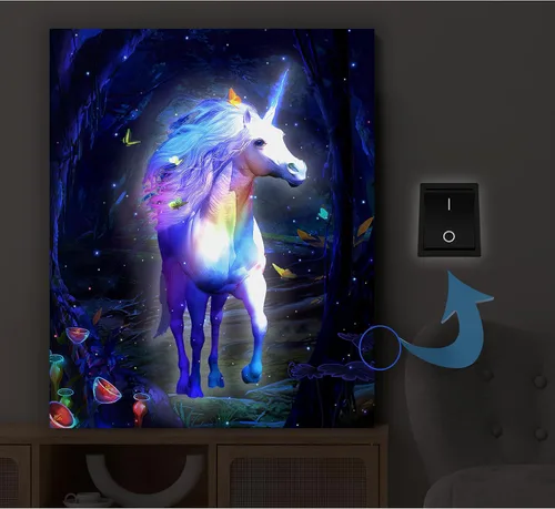Arte de Lienzo de Unicornio Iluminado para Pared, Imagen Enmarcada con LED con Temporizador, Póster que Funciona con Baterías, Alivio de Ansiedad,