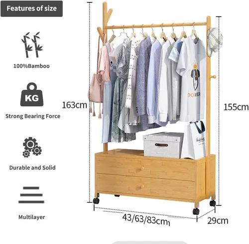 Miniatura 3 de Perchero independiente resistente, perchero de bambú con ruedas, ideal para almacenamiento de ropa de dormitorio