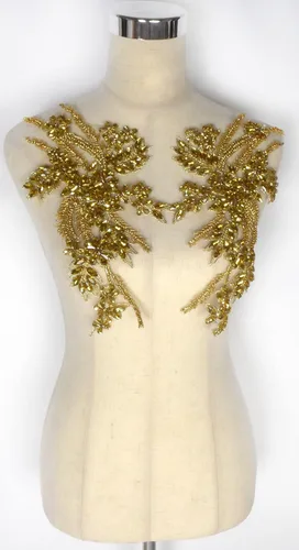Miniatura 2 de Parches de diamantes de imitación hechos a mano, apliques de cuentas para decoración de vestidos de novia, apliques de flores de oro Oro-b