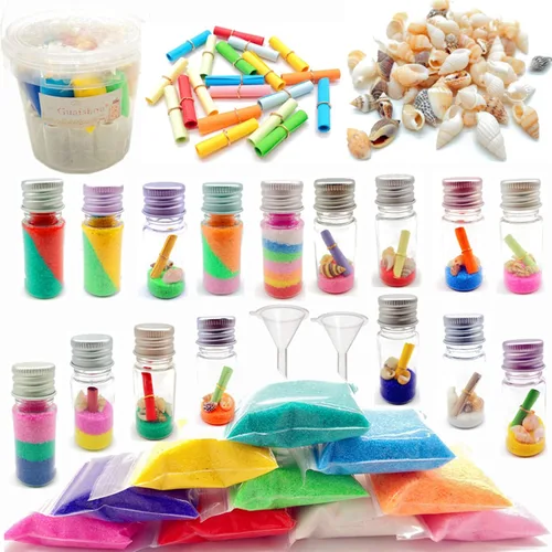 Guaishou Kit de arte y manualidades de arena DIY, botellas de deseos, arenas coloridas, playa, conchas de mar, papel de mensaje