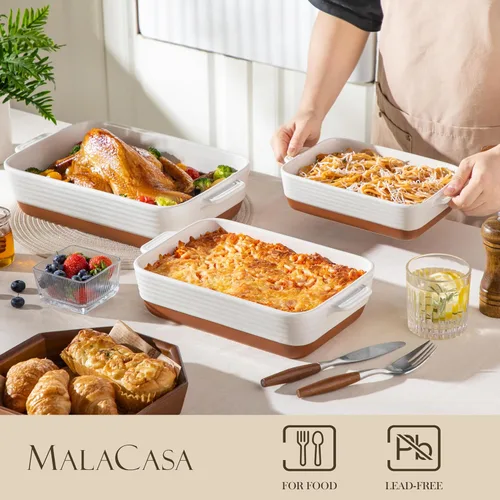 Miniatura 3 de MALACASA Fuentes para horno, Juego de 3 fuentes de cerámica para hornear, Juego de fuentes para hornear, Bandeja rectangular para lasaña profunda