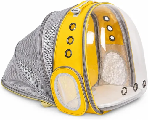 Miniatura 10 de Mochila expandible para gatos y perros, mochila de viaje para mascotas con ventana de burbujas con malla transpirable, estructura anticolapso, Negro