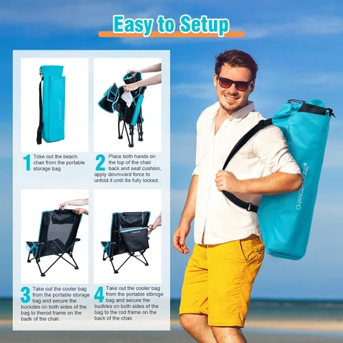 Miniatura 8 de CHANGE MOORE Silla de playa baja con bolsa enfriadora 2 en 1, 1 paquete soporta hasta 300 libras, sillas de playa plegables para adultos con soporte