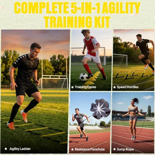 Miniatura 4 de Agility Ladder, Soccer Football Training Equipment Set - 20ft Speed Ladder, 4 Hurdles,Parachute, 12 Cones & Jump Rope Agility & Speed Training for