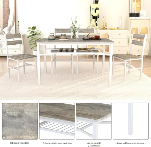 Miniatura 6 de Juego de mesa de comedor Hooseng para 4, juego de mesa y sillas de cocina de madera con almacenamiento, juego de mesa de comedor de 5 piezas