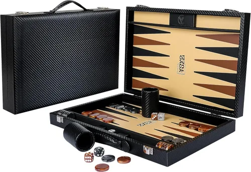 Juego de backgammon de 15 pulgadas para adultos, de fibra de carbono de alta calidad, de piel sintética, plegable, juego de mesa clásico de viaje