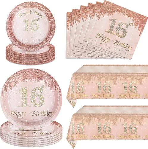 Miniatura 10 de 62 piezas de decoraciones de cumpleaños número 21 para niñas y ella, suministros de fiesta de cumpleaños de oro rosa incluyen 40 platos, 20