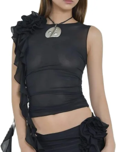 KMBANGI Camiseta sin mangas sexy floral para mujer, con volantes Y2K, cuello halter, sin mangas, hombros descubiertos, sin espalda, tubo de flores