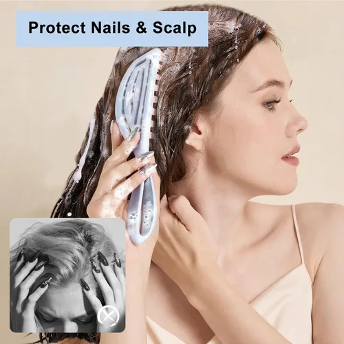 Miniatura 3 de RHOS Masajeador de cuero cabelludo, cepillo de champú con asa, limpiador de cabello curvado y ventilado, cepillo para el cuero cabelludo para Azul