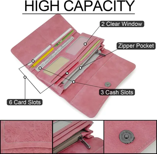 Miniatura 42 de MEITRUE Cartera de cuero para mujer, con bloqueo RFID, triple pliegue, con relieve, soporte para tarjetas, organizador de chequera para teléfono