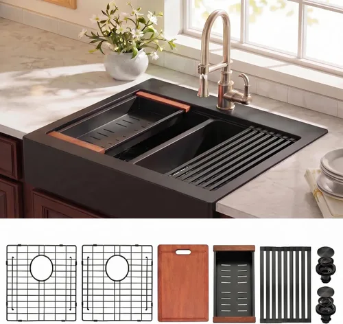Miniatura 34 de LQS Fregadero de cocina dorado de 32 x 18 pulgadas, fregaderos de cocina empotrados, fregaderos de acero inoxidable de doble tazón 50/50