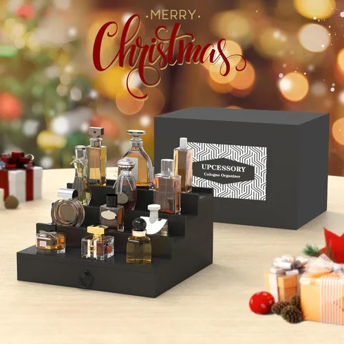 Miniatura 6 de Organizador de colonia upcessory para hombres, organizador de perfume de madera negra de 4 niveles con cajón forrado de fieltro y compartimento
