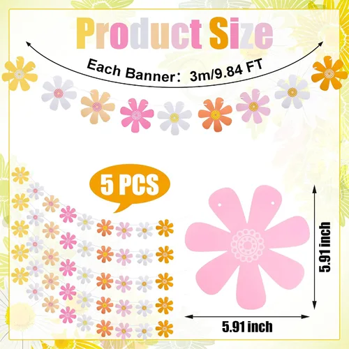 Miniatura 3 de Juego de 5 banderines de margaritas con diseño de margaritas bohemias, guirnaldas de papel hippie para fiesta, pancartas de flores coloridas