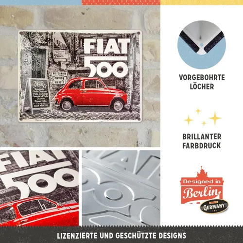 Miniatura 3 de Nostalgic-Art Cartel de hojalata retro – Fiat 500 – Coche rojo en la calle – Idea de regalo para los fanáticos de Italia, placa de metal, diseño