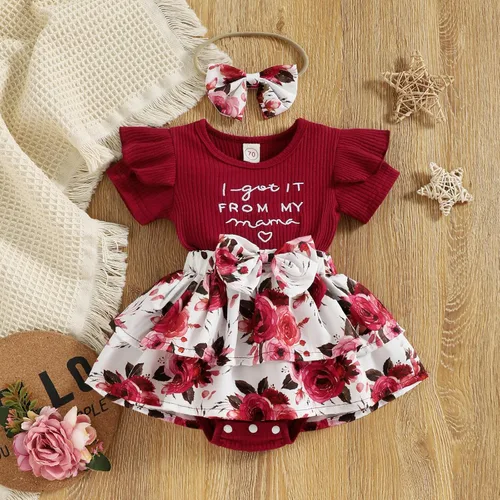 Miniatura 2 de Conjunto de vestido de mameluco para niñas con letras florales, estampado de mamá, con volantes, ropa corta, diadema