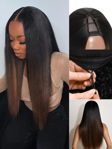 Miniatura 30 de Nadula Peluca Bob Recta Yaki Degradado Marrón Castaño con Cordón de Cabello Humano - Sin Pegamento Precortada 13X4 HD Pre Todo Peluca Frontal