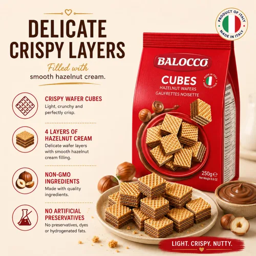 Miniatura 3 de Balocco Galletas en forma de cubo de obleas de avellana 8.8 oz (250 g) Galletas de oblea cuadradas italianas crujientes con 4 capas de crema