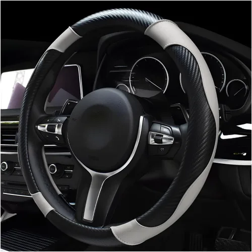 Miniatura 22 de DXNQ Funda para volante de automóvil, 15 pulgadas de fibra de carbono con costuras de piel, protector de volante de color, antideslizante, elástica