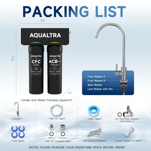 Miniatura 9 de AQUALTRA USF-2F-10 Sistema de filtro ligeramente alcalino para debajo del fregadero, 20 K galones con grifo, reduce PFOA, PFOS, cloro, plomo