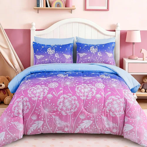 Miniatura 19 de Dinjoy Juego de edredón para niñas, tamaño individual, colorido, azul, rosa, morado, arcoíris, juego de ropa de cama de 6 piezas en una bolsa
