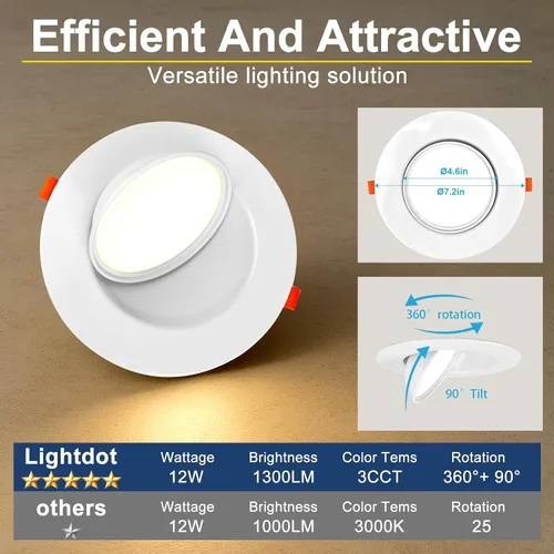 Miniatura 8 de Lightdot - Paquete de 6 luces LED empotrables con rótula de 6 pulgadas, ajustable 360°+90°, temperatura de color de 3CCT seleccionable y regulable