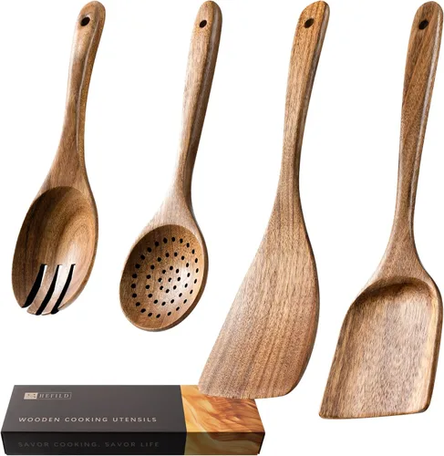 Miniatura 14 de Cucharas de madera para cocinar, juego de utensilios de cocina antiadherentes con 9 espátulas de madera de acacia y cucharas para cocinar, excelente