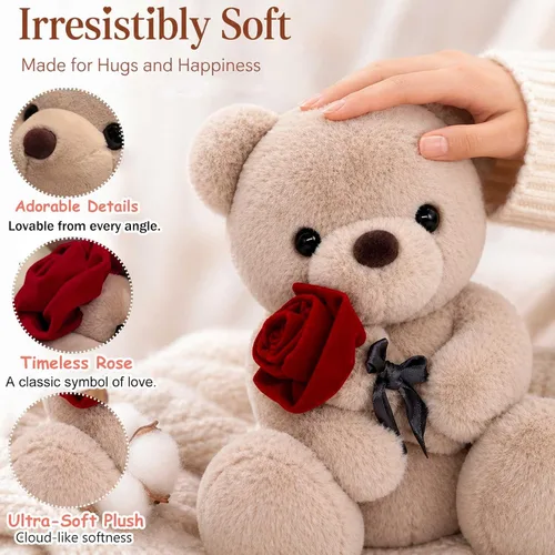 Miniatura 3 de Oso de peluche de San Valentín con rosa, lindo oso de peluche para tu ser querido, novia, cumpleaños, San Valentín, Navidad (9.84 pulgadas, marrón)