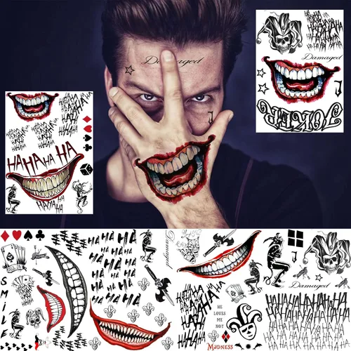 Miniatura 3 de GOROMON Juego de 6 hojas de tatuajes temporales de The Joker para Halloween, calcomanías de tatuajes de bromista de escuadrón suicida para mujeres