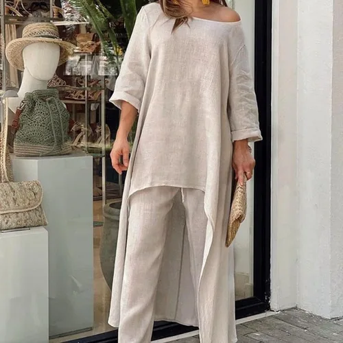Miniatura 2 de ZOCANIA Conjunto de dos piezas para mujer, de manga larga, sin botones, de lino, irregular, para otoño, casual, cuello redondo